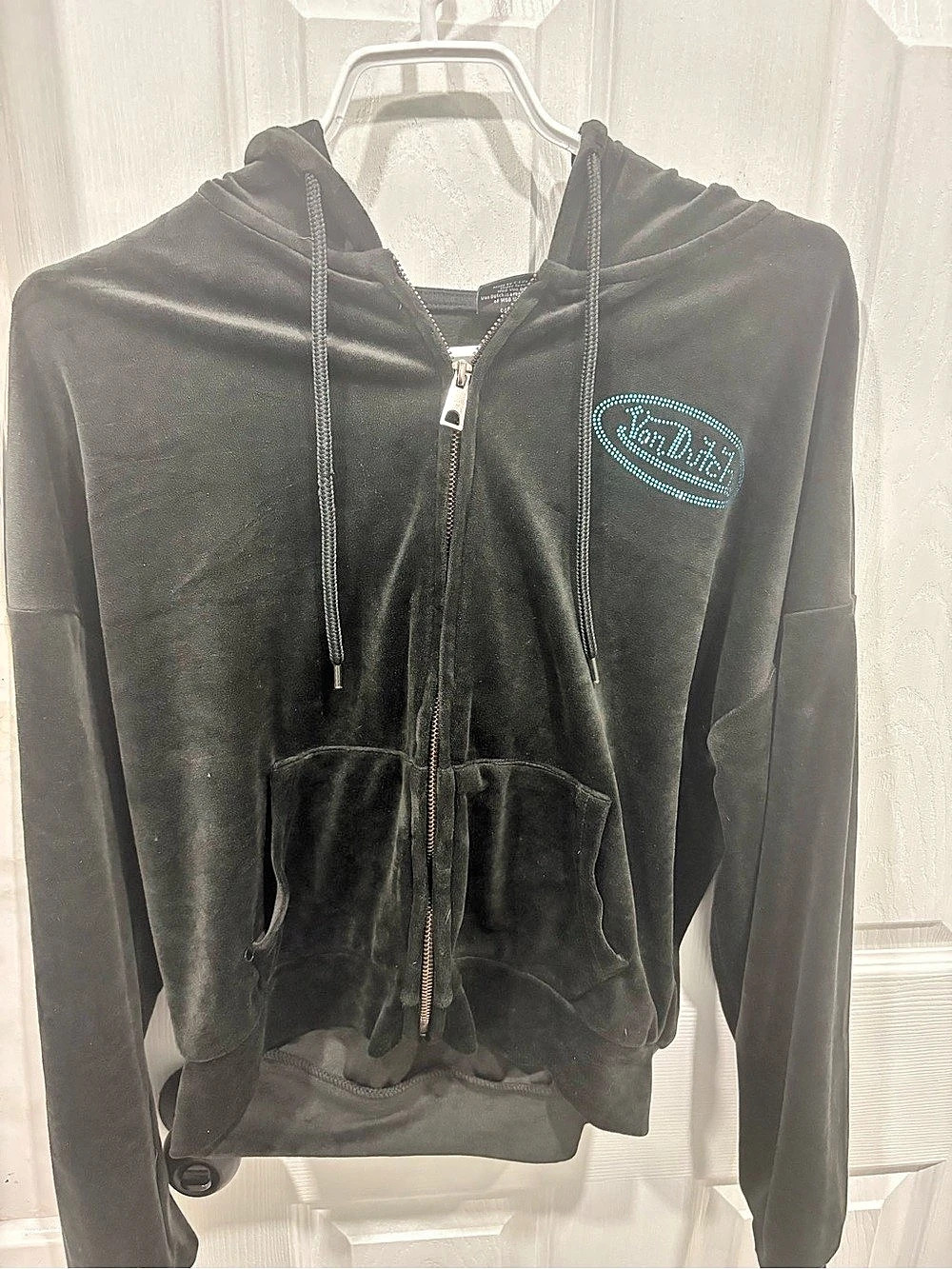 Von Dutch Velour Rhinestone Full Zip Hoodie Black